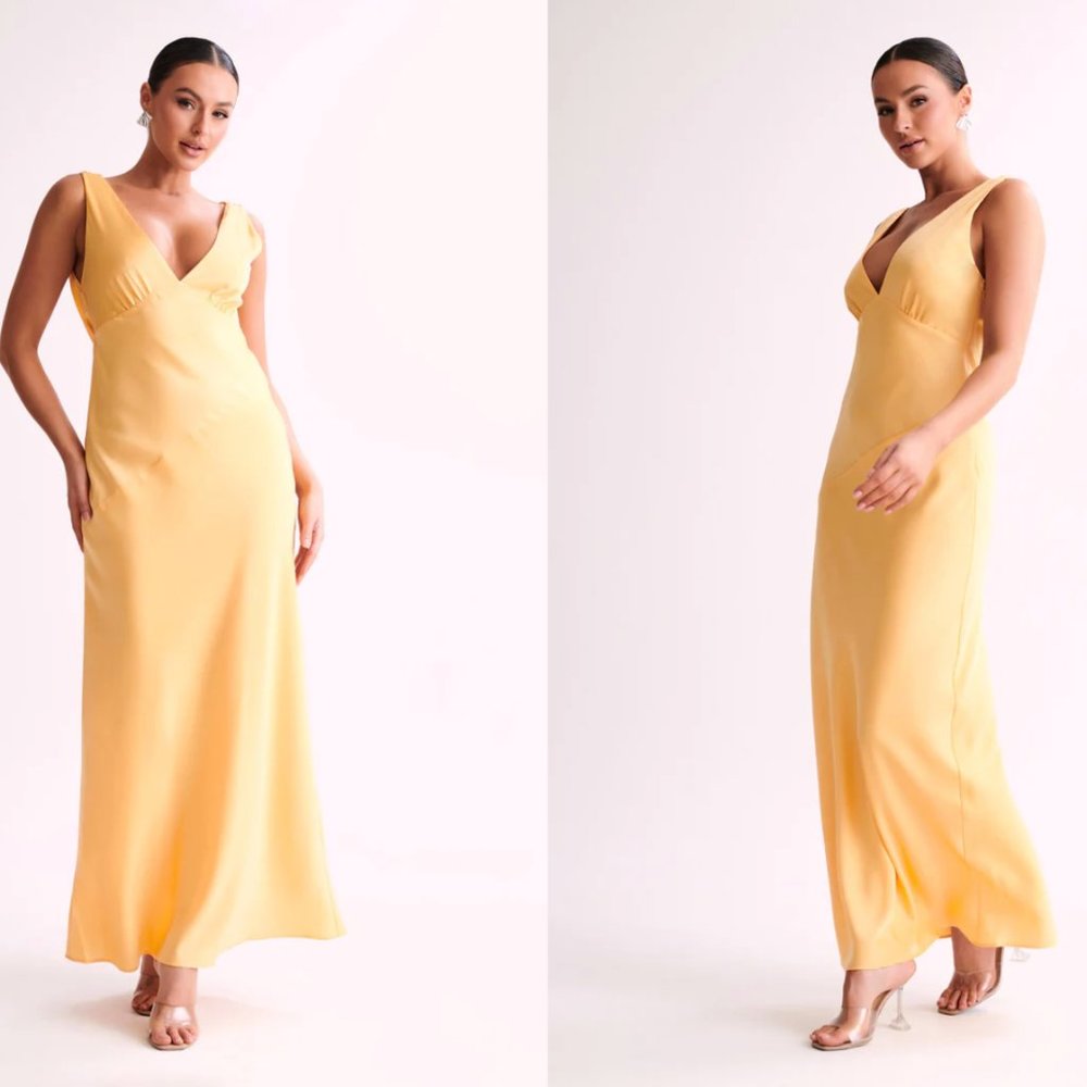Yellow Maxi Satin Dress With Back Cowl - Lemon
